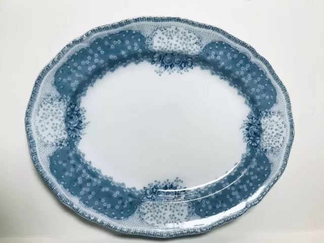 c.1890 Doulton ORIEL Burslem 15x13 PLATTER Blue & White FLORAL Transfer OVAL