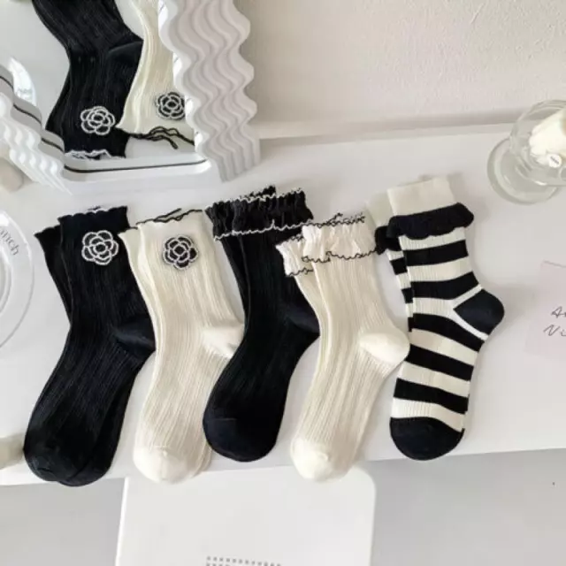 5 Pairs Womens Cotton Work Socks Lot Black and White Classic Casual Crew Socks