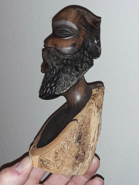 Vintage Makonde Mpinga Statue Ebony Wood Raw Carving - African Man Head Bust Art