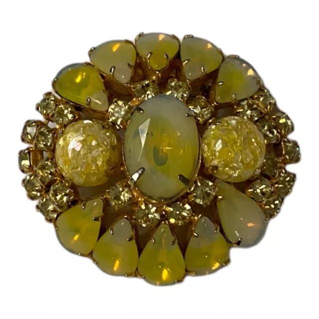 Vintage Gold Tone & Yellow, White Lucite Confetti Teardrop Rhinestone Brooch