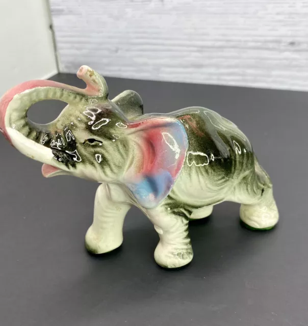 Vintage Japan Elephant figurine Porcelain Trunk Raised Ceramic MCM 6”