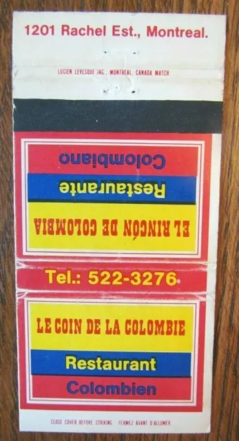 Columbian Restaurant Matchbook Cover: Coin De La Colombie (Montreal, Quebec) -E8
