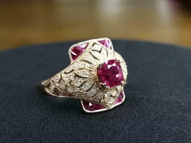 Vintage Art Deco 3Ct Red Lab Created Ruby Engagement 14K White Gold Finish Ring