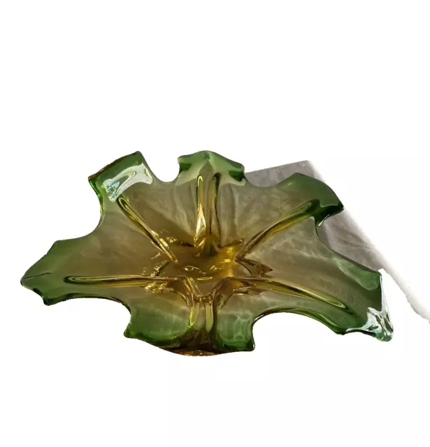 Mid Century Murano Green Art Glass Leaf Shaped Bowl