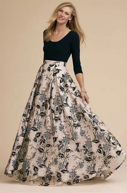 BHLDN Maxi Gown Gianni Dress Embroidered Floral Sequins Navy Bodice Skirt 2 NWT