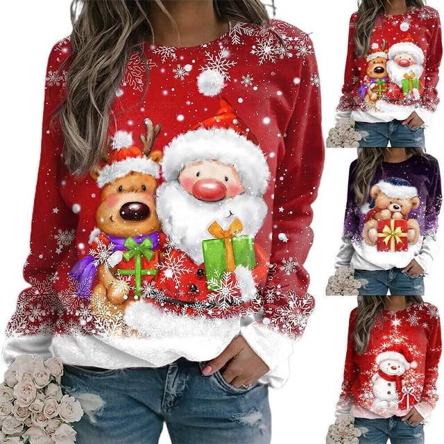 Felpa di Natale donna taglie forti pullover top maglione a maniche lunghe Regno Unito
