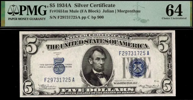 1934A $5 Silver Certificate Mule PMG 64 rare PMG graded only 114 mule FA block