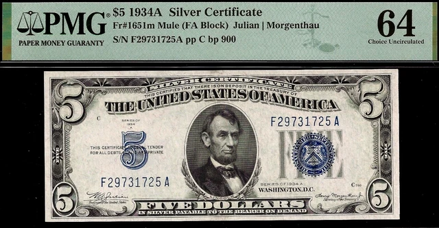 1934A $5 Silver Certificate Mule PMG 64 rare PMG graded only 114 mule FA block