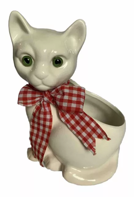 Brinns White Ceramic Cat Planter Pot Trinket Green Eyes Taiwan Vintage