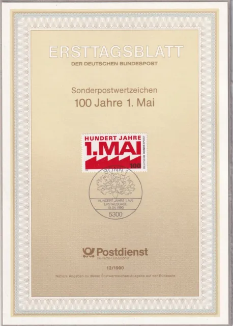 Ersttagsblatt ETB 12/1990 - "100 Jahre 1. Mai" - Stempel Bonn - Marke