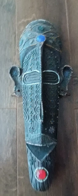 African Tribal Art Wooden Carved Jeweled Ritual Mask 14” X 5"