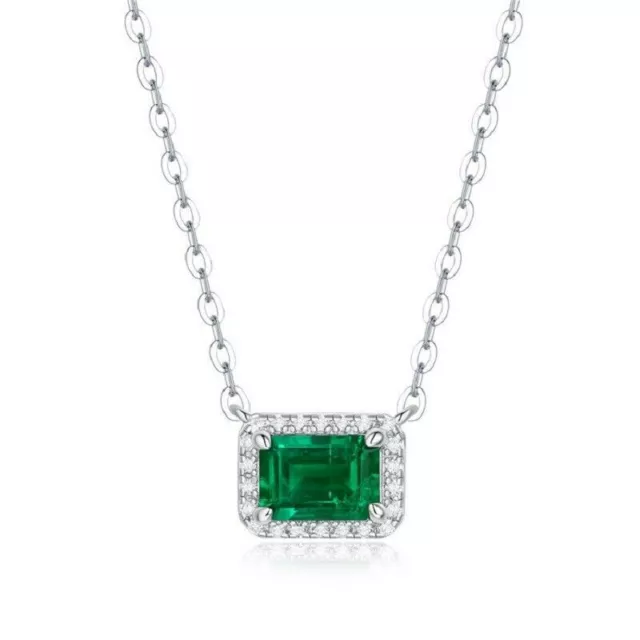 2.0Ct Emerald Cut Diamond Halo Women Pendant Neckless Gift 14k White Gold Finish