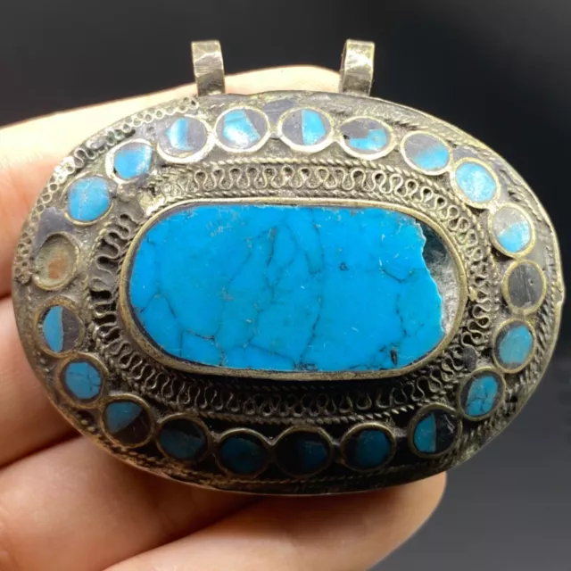 Lovely Near Eastern Old Stunning Mix silver Torquise Intaglio Stone Pendant