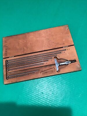 VTG Starrett 440 Depth Micrometer & 8 Measuring Rods Wood Case Machinist Tool