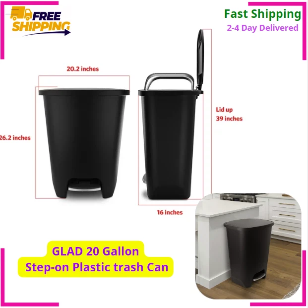 20 GALLON KITCHEN Step On Trash Can Plastic Garbage Can, Black 32.68