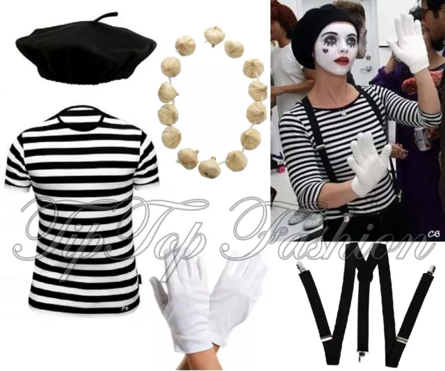 Mens French Man Mime Artist FancyDress TShirt Beret Braces Gloves Costume Outfit