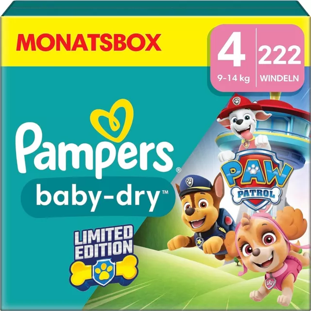 Pampers Paw Patrol Baby trocken Größe 4 Windel 9-14 kg sparen monatliche Packung