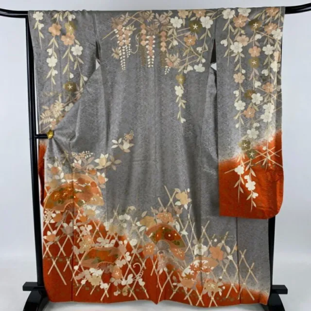 Japanese Kimono Furisode Pure Silk Folding Fan Chrysanthemum Gold Thread Gray