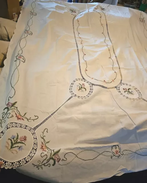 Cross Stitched Large Tablecloth Roses Openwork Handmade Crochet Lace 108” X 60”
