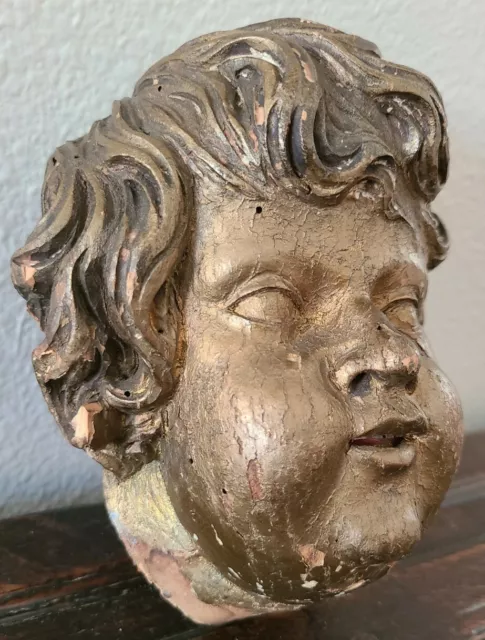 Antique Carved Wood Putti Cherub head 18th century Italian French angel saint