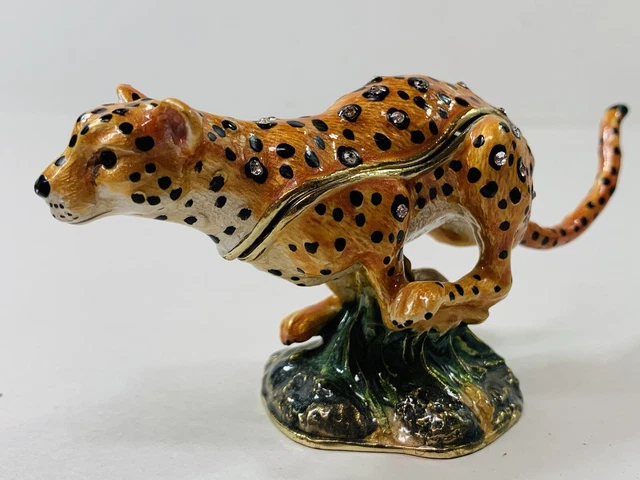 Leaping Leopard Rhinestone Bejeweled Gold Keepsake Trinket Box Figurine