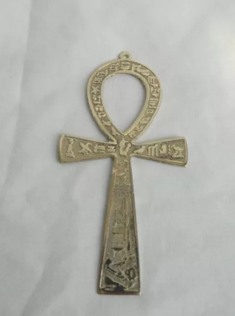 Egyptian Brass Ankh Engraved Hieroglyphics Handmade Pendant Wall hanging 5.5"