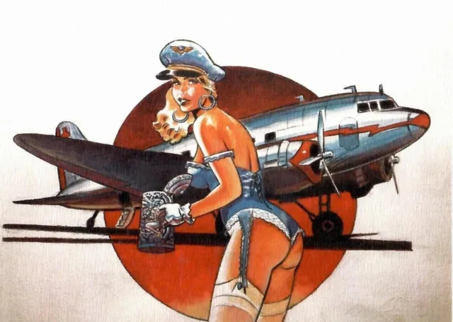 Douglas DC-3 DAKOTA SEXY PIN UP Girl Stewardess DESSOUS EX LIBRIS signiert GIROD 2