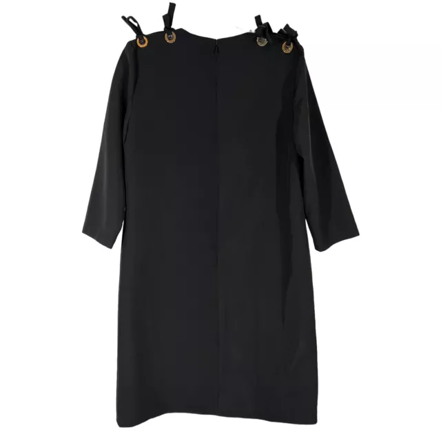 Tahari Size 10 Black Shift Dress Tie Shoulders Grommets V Neck 3/4 Sleeve NWT 2