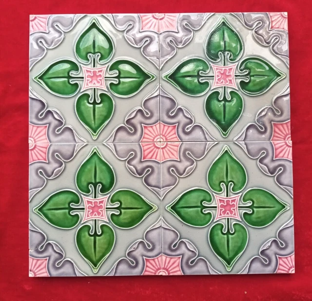 4 Piece Art Deco Floral Embossed Design Majolica Ceramic Tiles Japan 0396