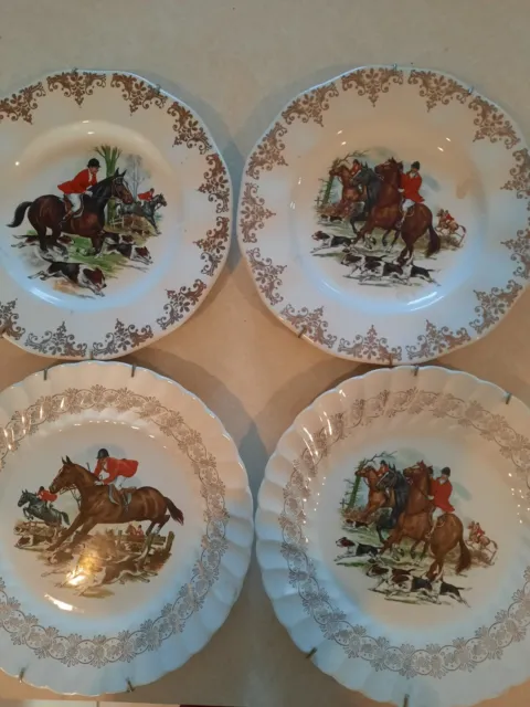 Bone China horse Equestrian fox hunt scene horse riding 4 plates w/hangers lot