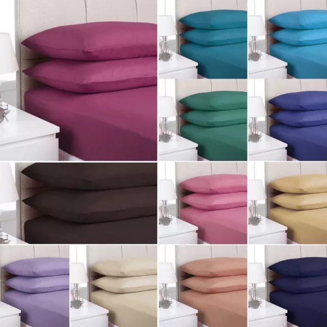 2 Pillow Case Plain Fitted Bed Sheets Dyed Colour Single Double King Super King