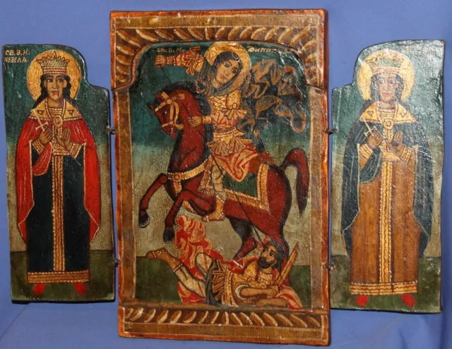 Tríptico icono ortodoxo vintage pintado a mano San Demetrio
