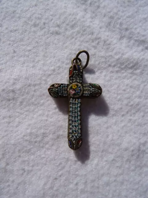 Ancien Pendentif Croix Crucifix Micro Mosaique Italie Religion