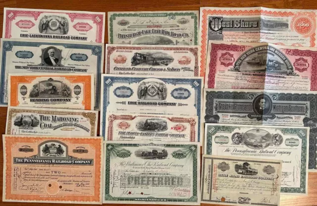 Mixed Lot of 15 Different Railroad Stock Certificates and Bonds