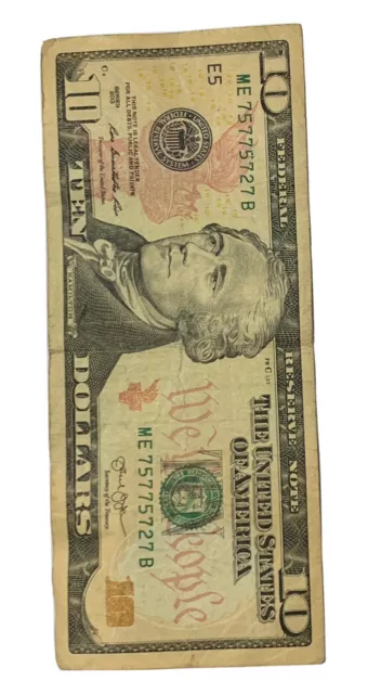 US Ten Dollar Bill Trinary Serial ME75775727