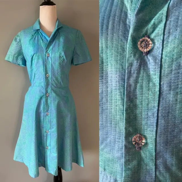 Vintage 50s Blue Green Watercolor Day Dress with Crystal Buttons Small w Pockets