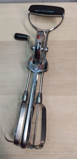 Vintage EKCO Best Egg Beater Hand Held Crank Mixer Stainless Steel Black Handle