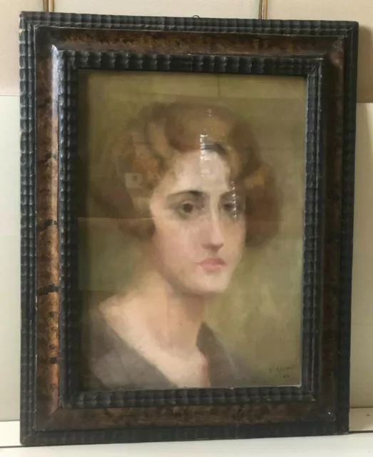 Antico quadro con cornice - pastello - Ritratto Donna - Alberti 1944