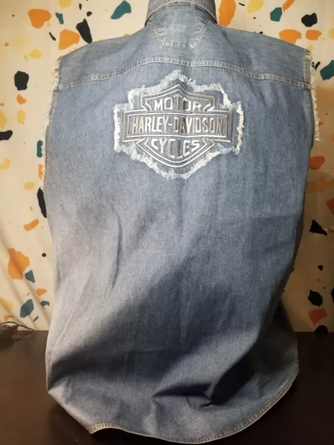 HARLEY-DAVIDSON Denim Biker Vest  Sleeveless Shirt XXL HD Silver Stitche Logo