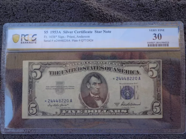 1953 A $5 Silver Certificate Star Note Currency Fr.1656* Pcgs Very Fine Vf 30