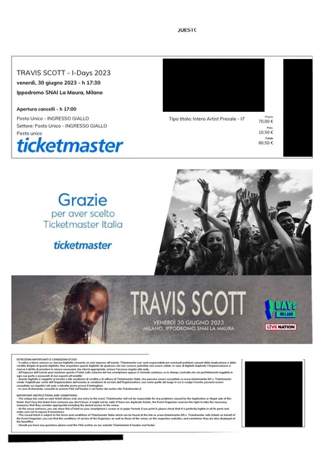 2x Biglietti concerto Travis Scott 30/06/2023 Ippodromo SNAI Milano