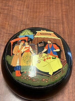 Vintage Antique Russian HAND PAINTED Enamel ROUND BOX Bakery Sale Metal Laquer 3