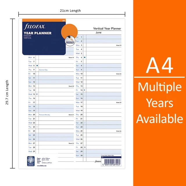 FILOFAX A4 DIARY 2024 or 2025 Vertical Year Planner Diary Refill Insert ...