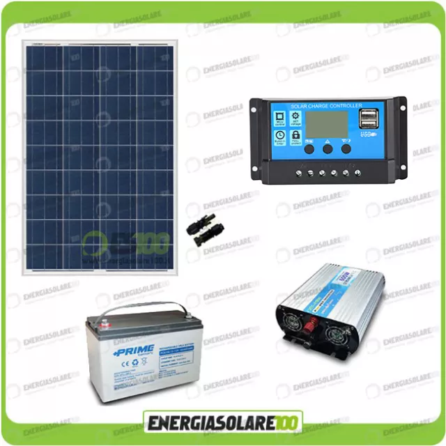 Kit solaire photovoltaique panneau 100W 12V onduleur 600W onde pure batterie AGM