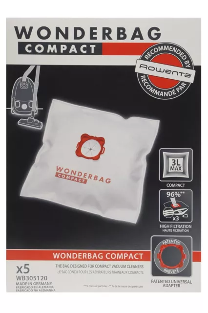 Rowenta 5 Sacchetti + Adattatore Aspirapolvere Wb305120 Wonderbag Compact