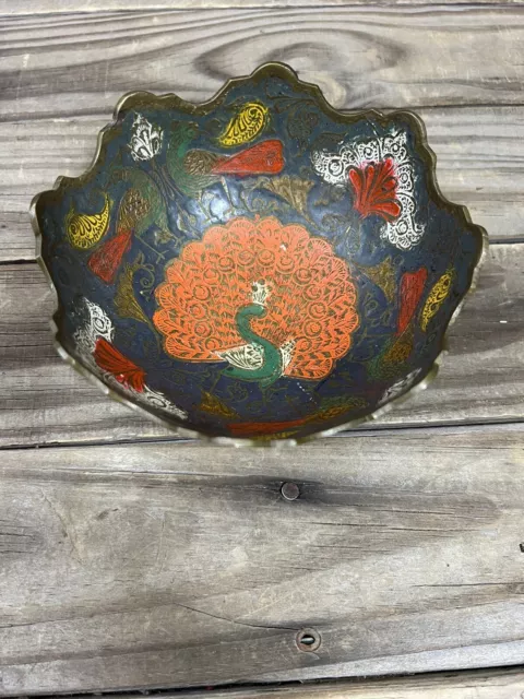 Vtg Enesco Brass Enamel Hand Painted Peacock Bowl Scalloped Rim Footed Pedestal!