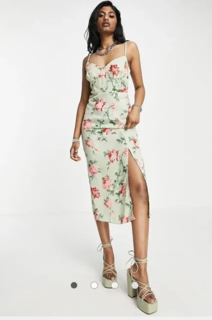 ASOS DESIGN bust cup cami midi dress with split in sage floral print Size 8