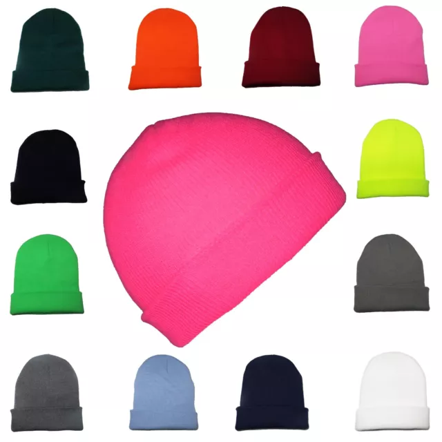 KIDS Beanie Hat Boys Girls Slouch Winter Woolly Ski Childrens Turn Up Neon Warm