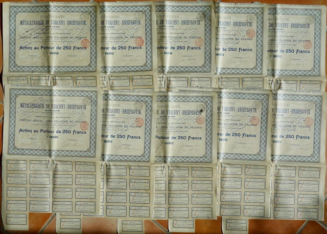 Lot de 10 Actions / Bonds 250 Fr, Cie de Verchny-Dniéprovsk 1896