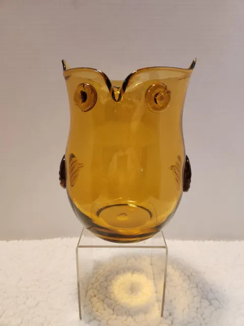 Pier One,  Large Amber Hand Blown Glass Owl Pitcher /Vase 7.5" Tall.